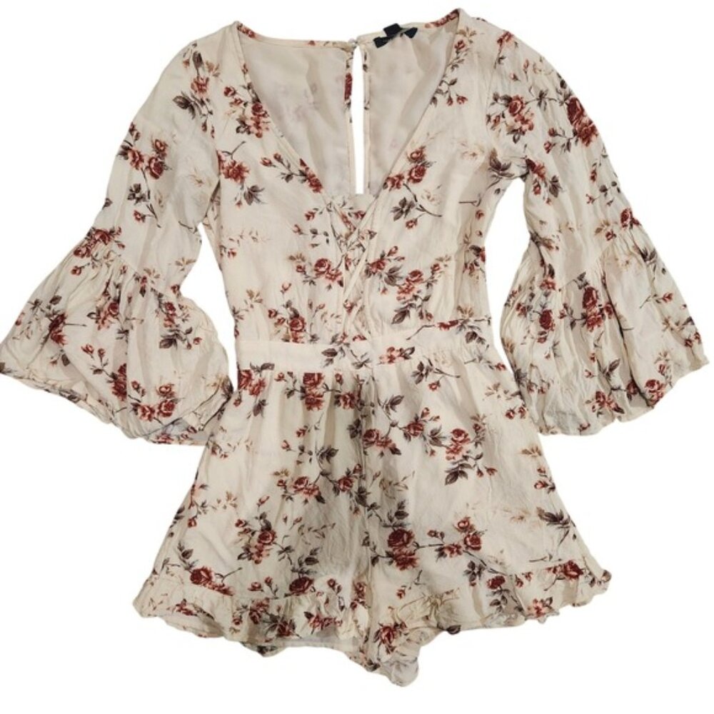 AE Floral Bell‎ Sleeve Romper Cream Red XS Festival renfaire cottagecore fairy